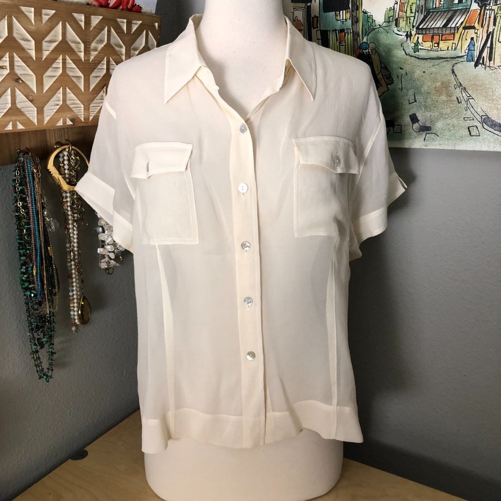 Chico's Dayna Semi Sheer Silk Blouse Womens M Romantic Beige Girl Modern NWT's